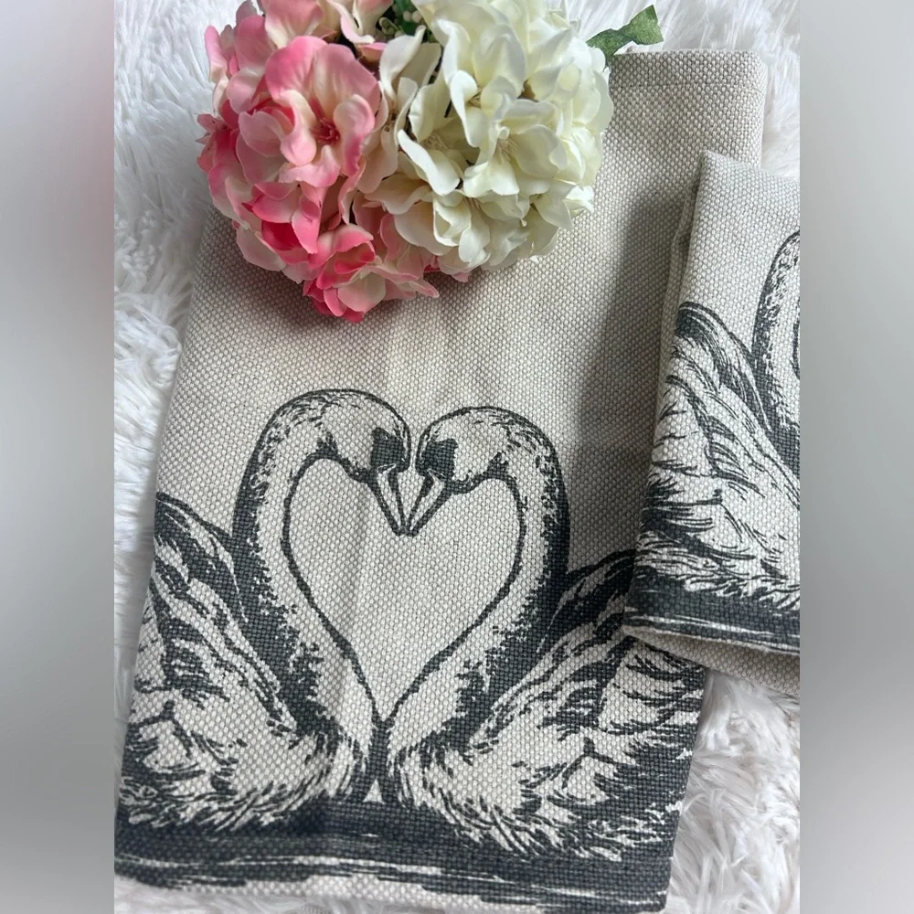 Swan Heart Printed‎ TeaTowels in Natural and Black NWT set of 2 Linen & Cotton